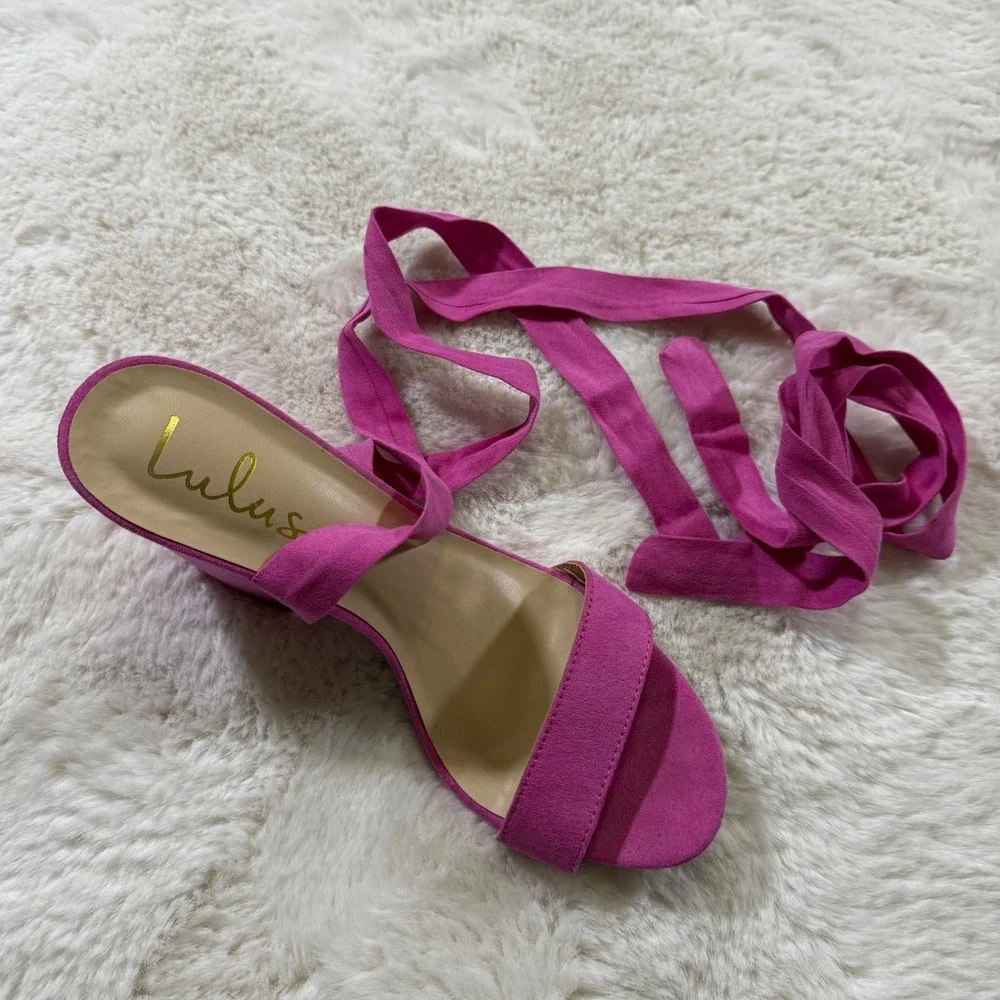 Lulus Lace Up Block Heel Sandals 8.5 Pink Suede Tie Wrap Barbie Festival‎ Boho